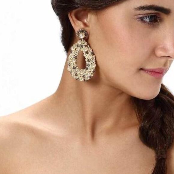 Deepa Gurnani Arabella Crystal & Pearl Earrings in Gold - Picture 2 of 4